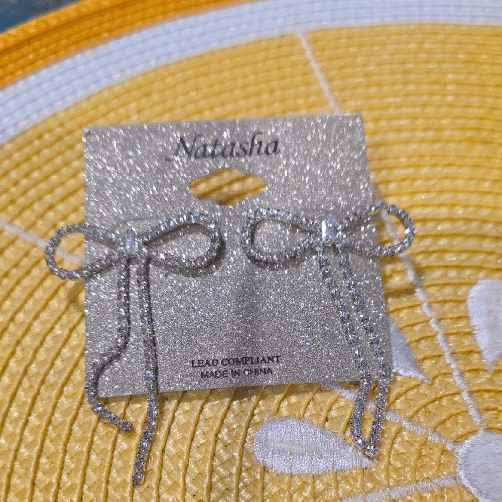 Natasha Couture Glittering Silver Bow Earrings
